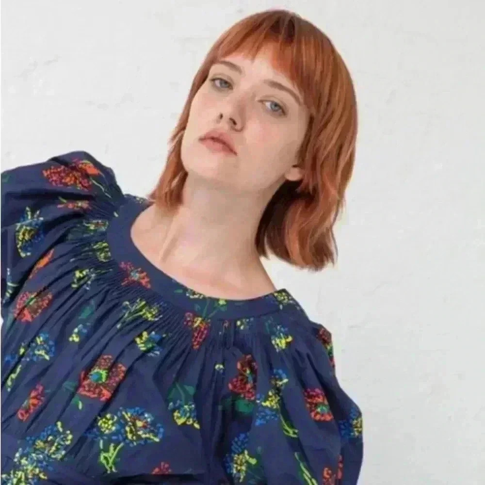 Ulla Johnson Joelle Poplin Puff Sleeve Midnight Blue Floral Top Blouse Size 0 XS